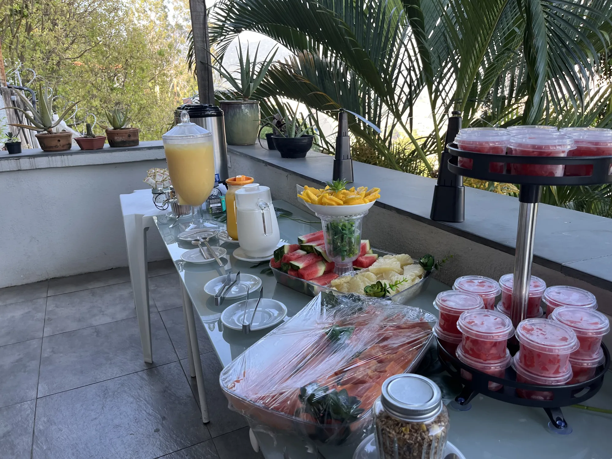 Mesa de café da manhã montada na varanda, com frutas, sucos, granola e vista para a mata.